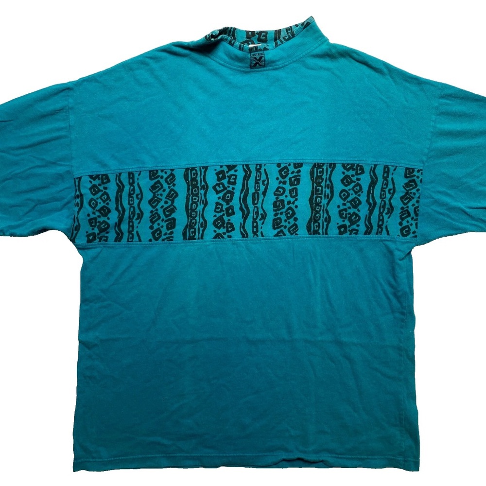 Vintage XStatX Tribal T-Shirt Mens M Blue Short Sleeve Mock Neck 90s